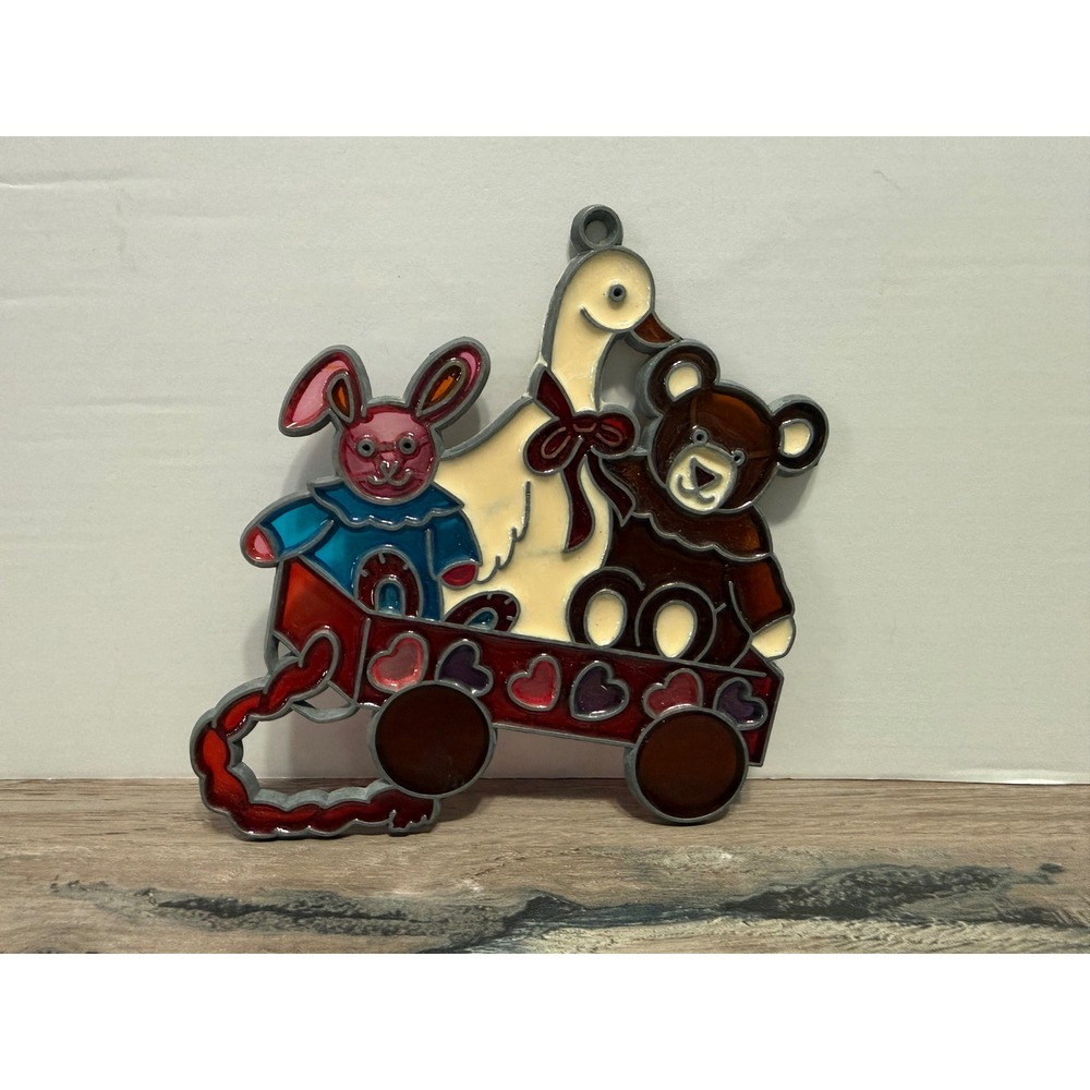 Vintage Suncatcher Teddy Bear Bunny Goose in Heart Wagon Stained Glass‎